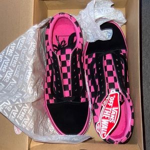 Black and Hot Pink checkered lace-up Vans